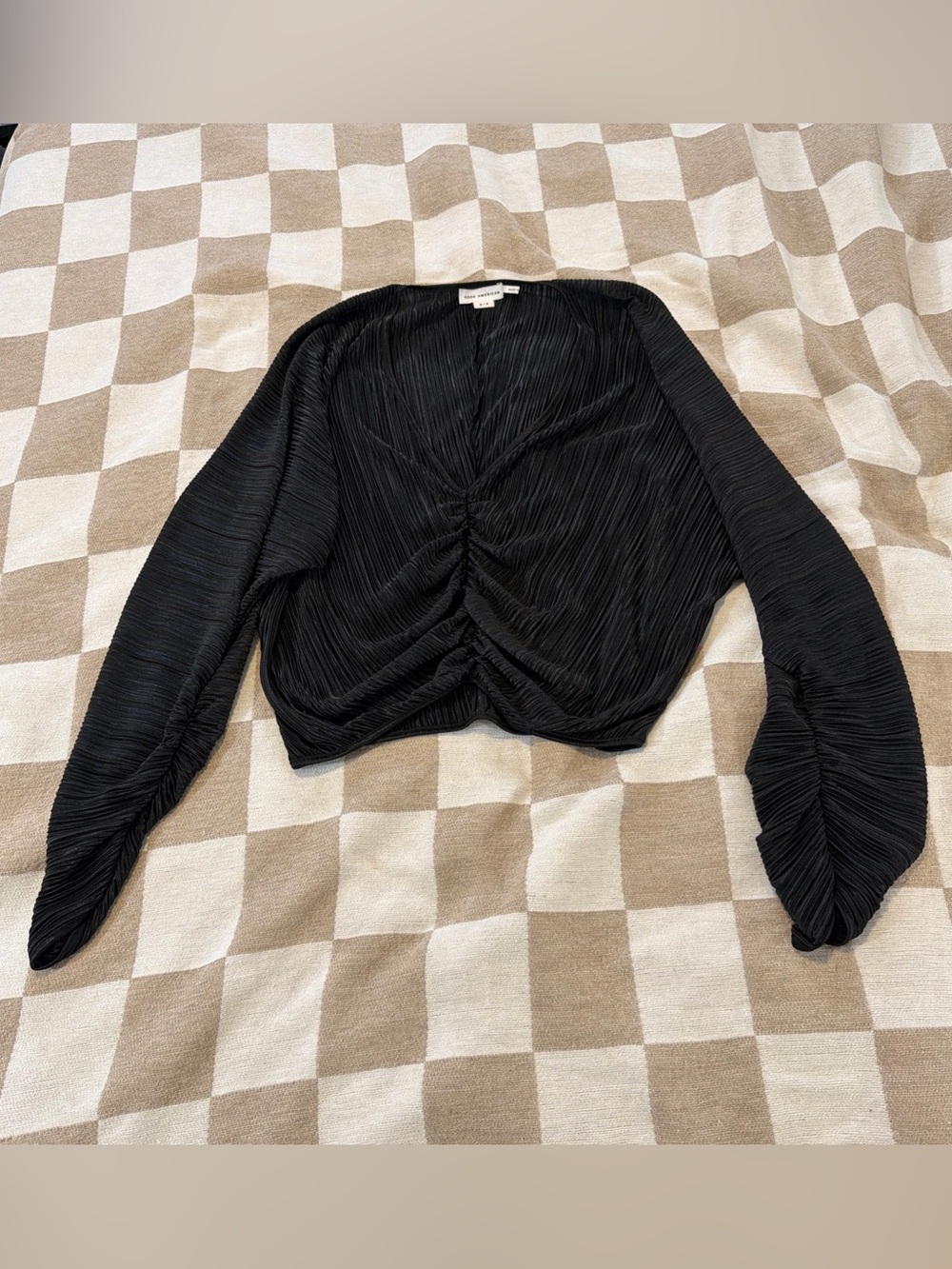 Good American Plisse Blouse Women's  Size 3/4 (or Large/XL) Black Pleated Ruched